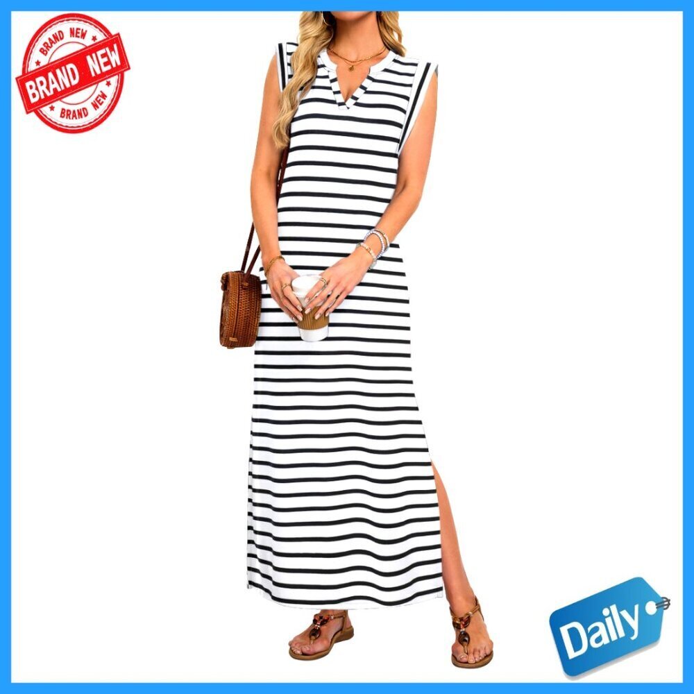 V Neck Maxi Dress Sleeveless Summer Vacation Boho Chic Wrinkle Free with Pockets